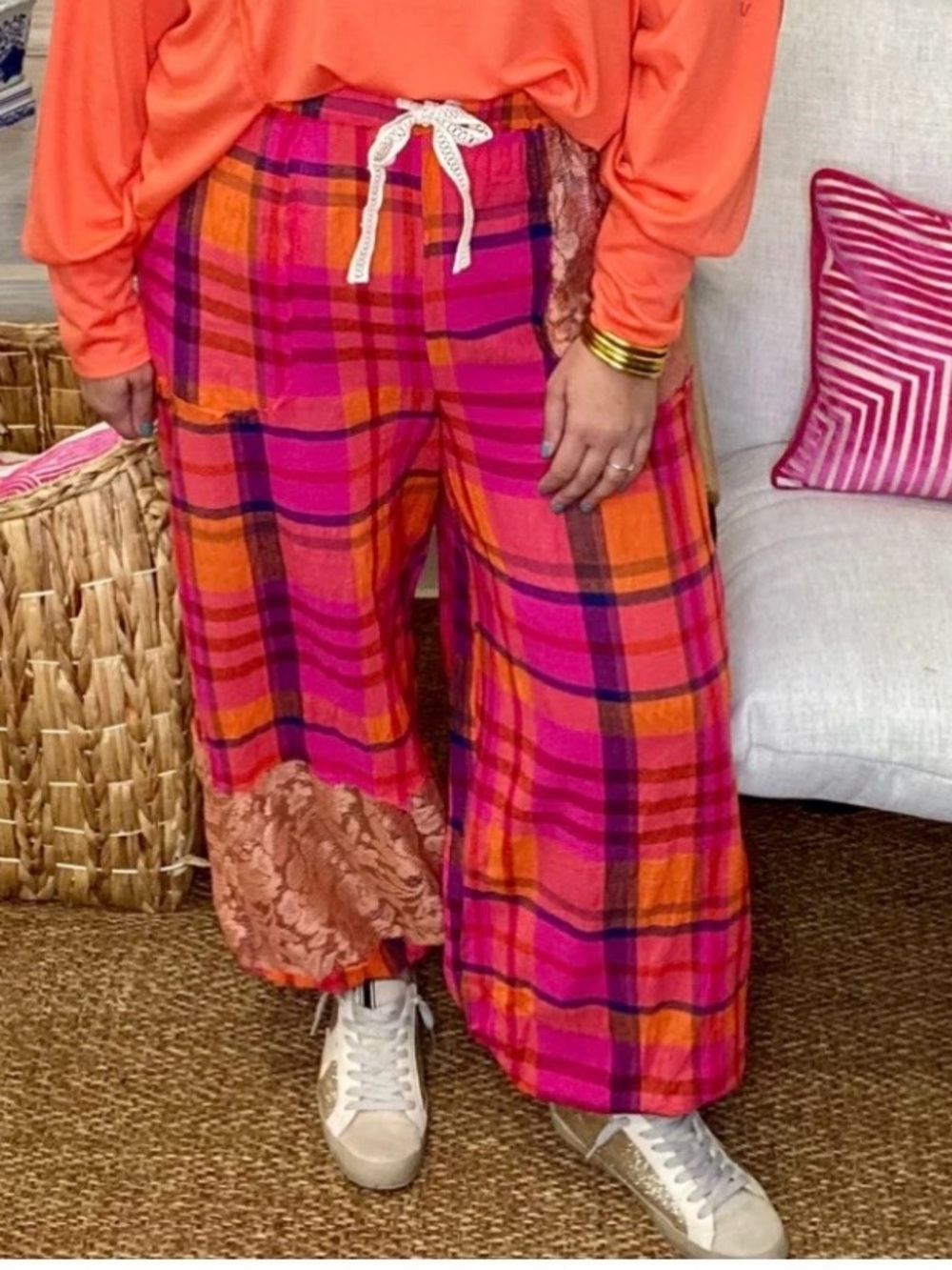 POL Pink & Orange Plaid Wide-Leg Pants